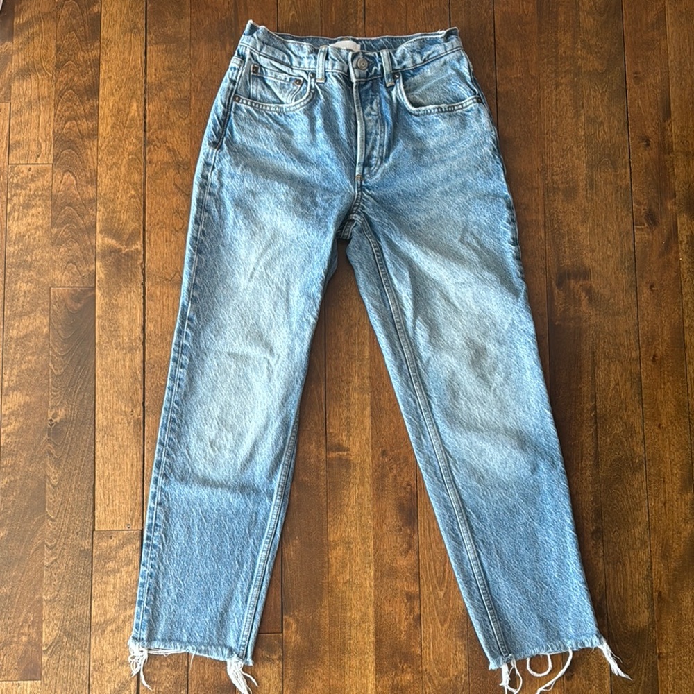Boyish Blue Straight Leg Jeans with Raw Hem